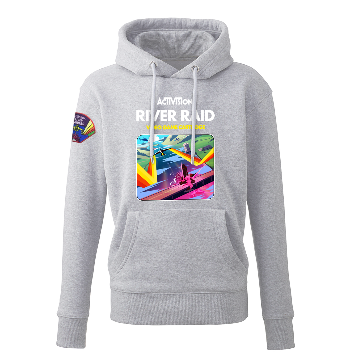 River Raid Unisex Hoodie, Activision Cartridge Design on Grey Loose Fit Pullover with Kangaroo Pouch