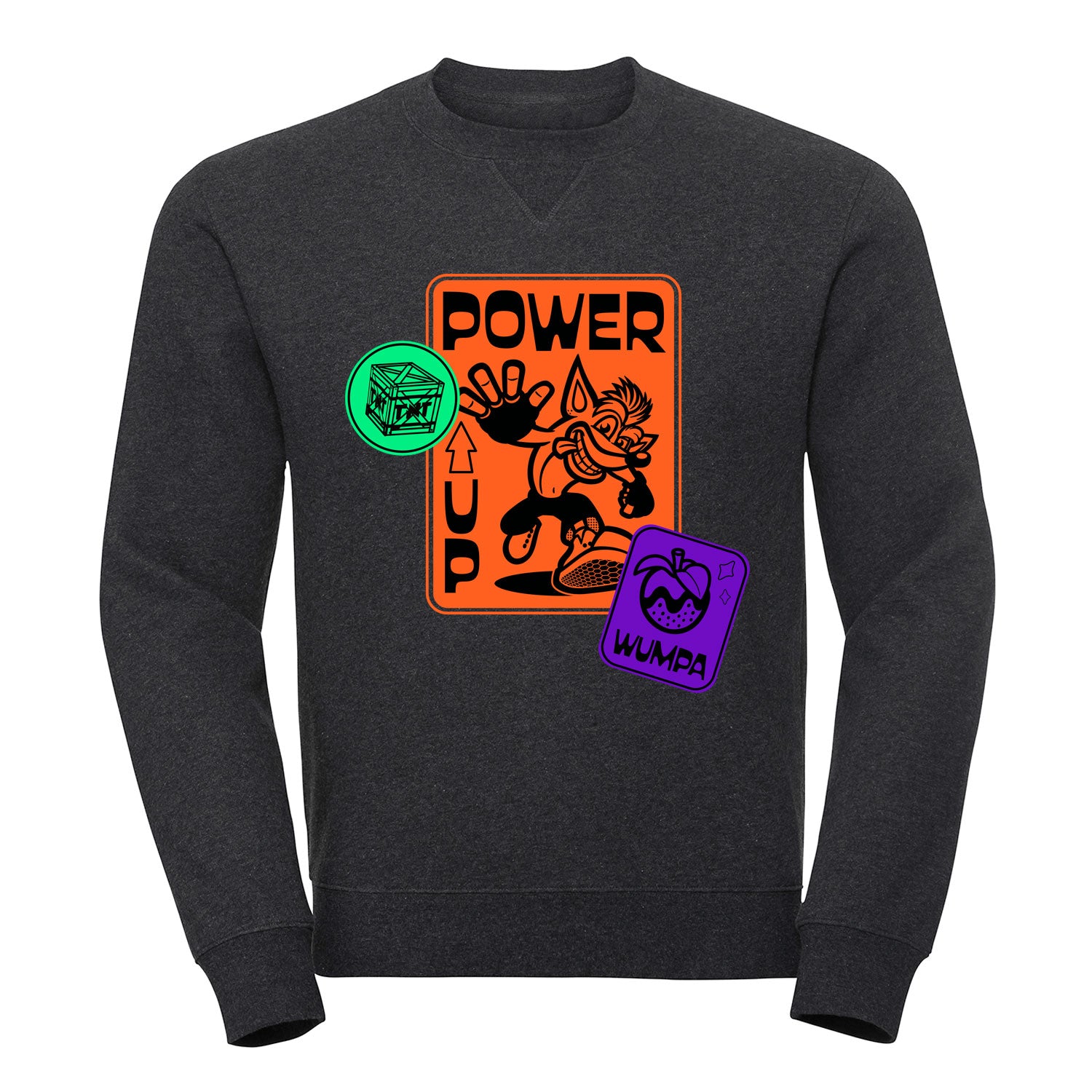 Crash Bandicoot Power Up Men's Sweatshirt, Wumpa and TNT design, casual fit grey jumper