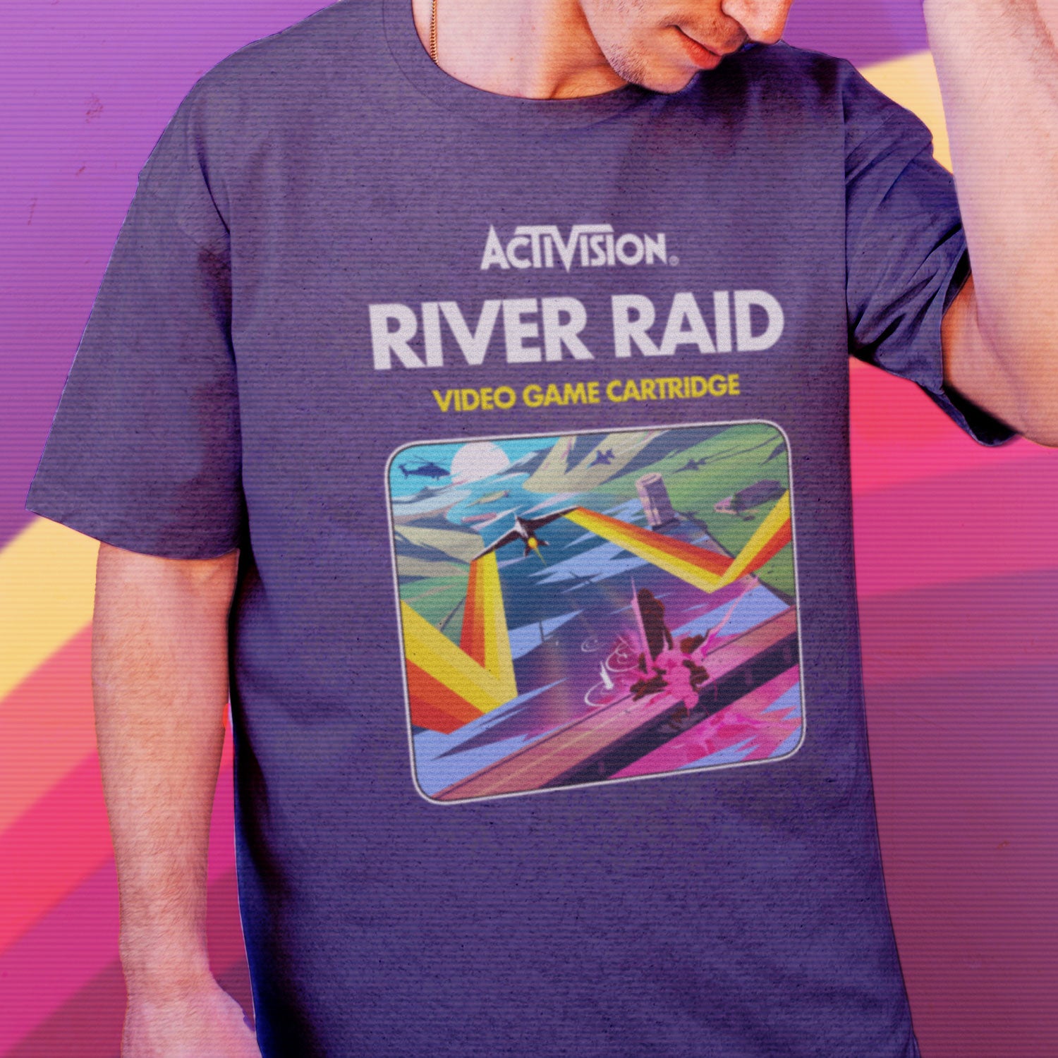 River Raid Men's T-Shirt, Activision Cartridge Artwork on Loose Fit Purple Tee