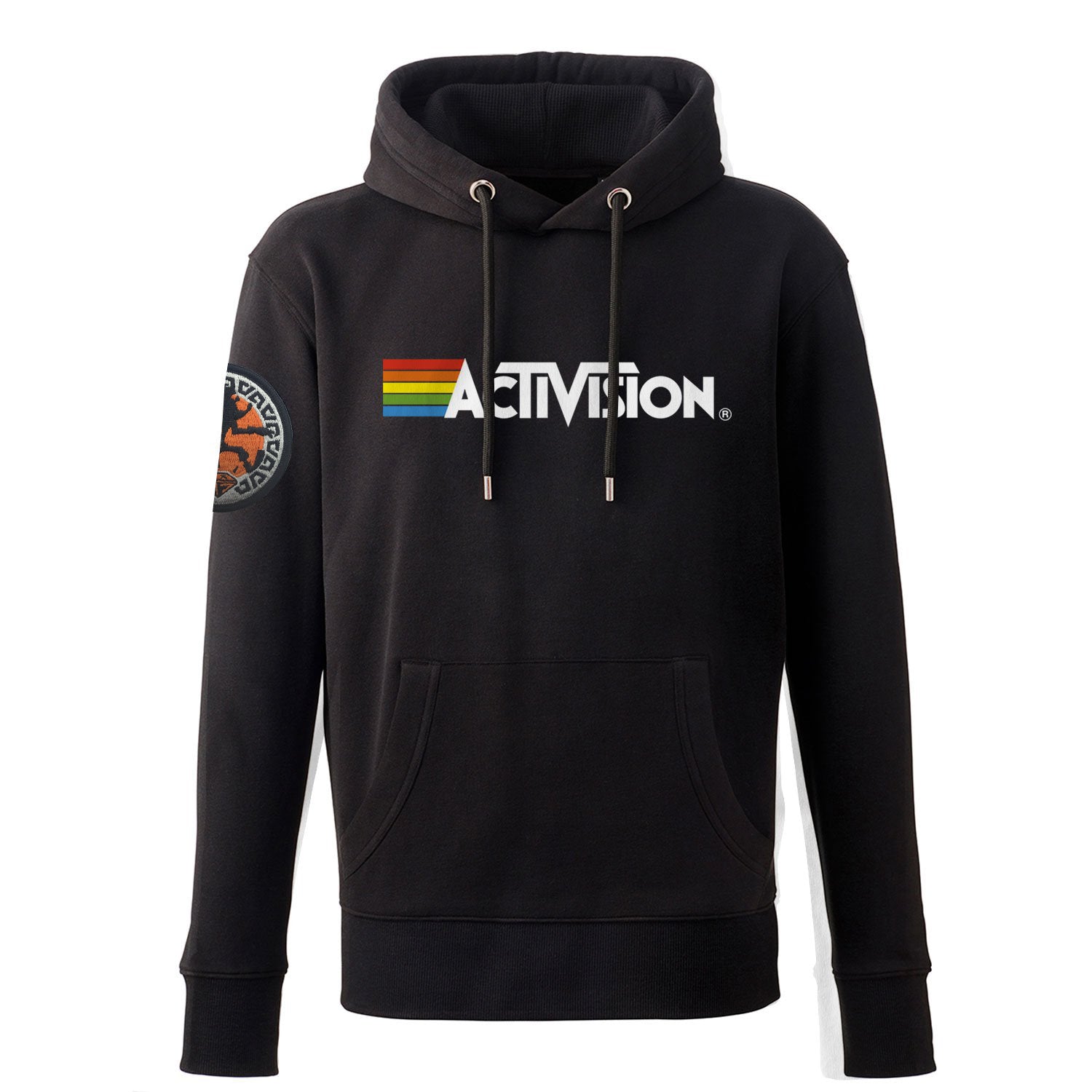 Crash Bandicoot Silo Patch, Activision Logo Men's Hoody, Black Pullover in Unisex Fit with Kangaroo Pocket